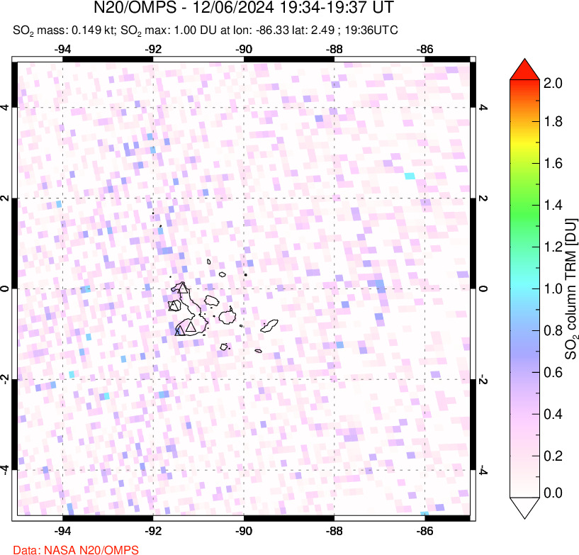 A sulfur dioxide image over Galápagos Islands on Dec 06, 2024.