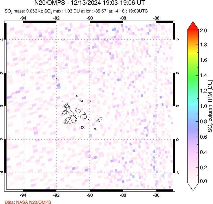 A sulfur dioxide image over Galápagos Islands on Dec 13, 2024.