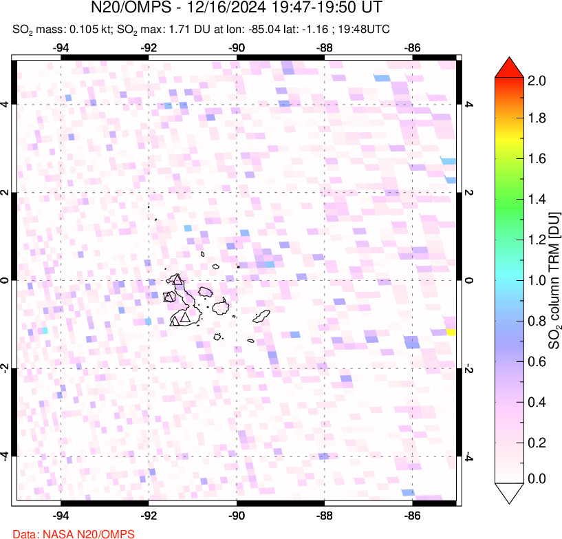 A sulfur dioxide image over Galápagos Islands on Dec 16, 2024.