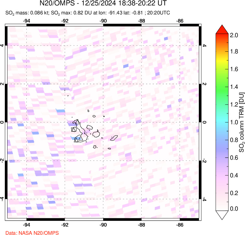 A sulfur dioxide image over Galápagos Islands on Dec 25, 2024.