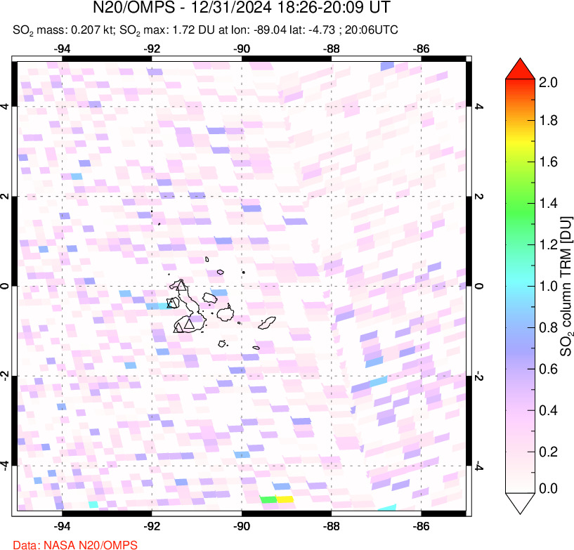 A sulfur dioxide image over Galápagos Islands on Dec 31, 2024.