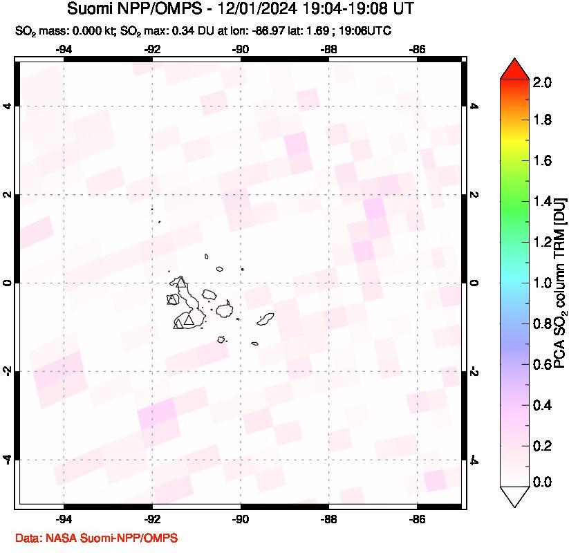 A sulfur dioxide image over Galápagos Islands on Dec 01, 2024.