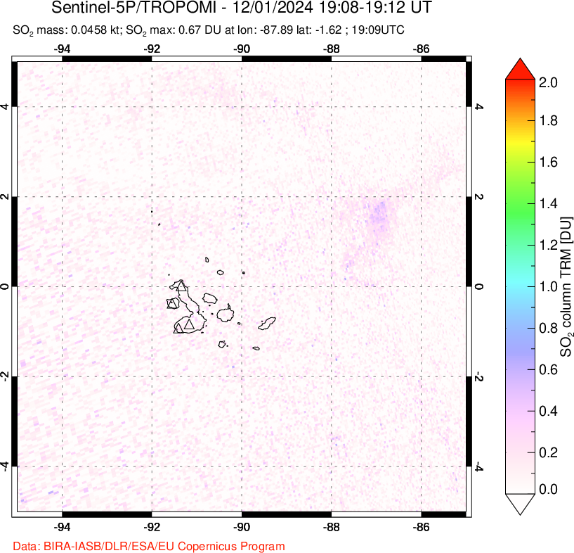 A sulfur dioxide image over Galápagos Islands on Dec 01, 2024.