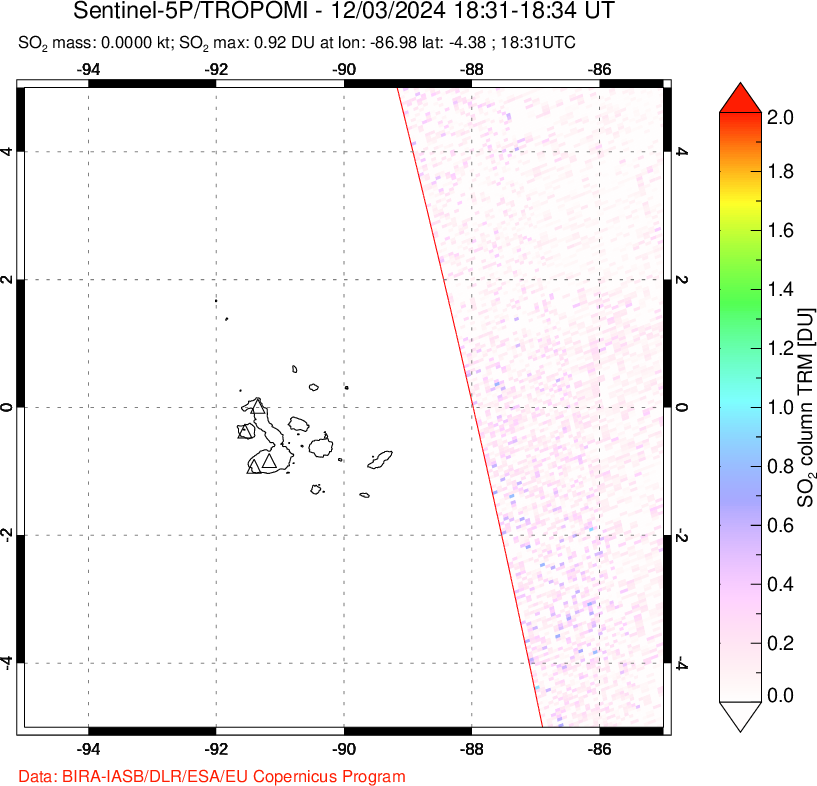 A sulfur dioxide image over Galápagos Islands on Dec 03, 2024.