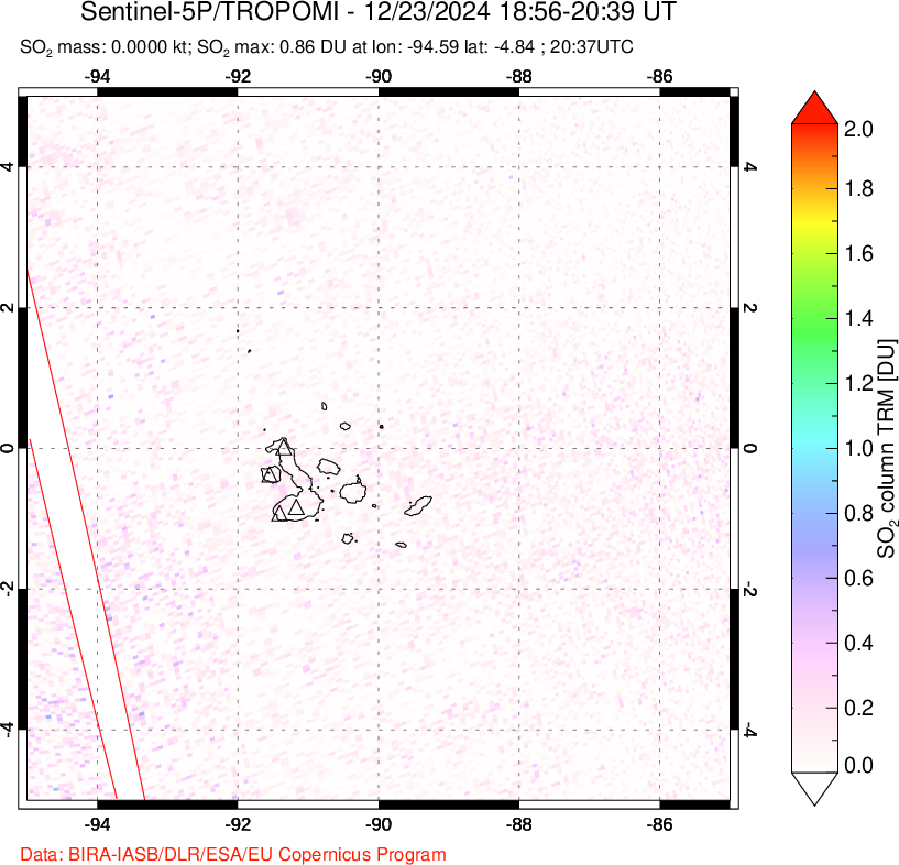 A sulfur dioxide image over Galápagos Islands on Dec 23, 2024.