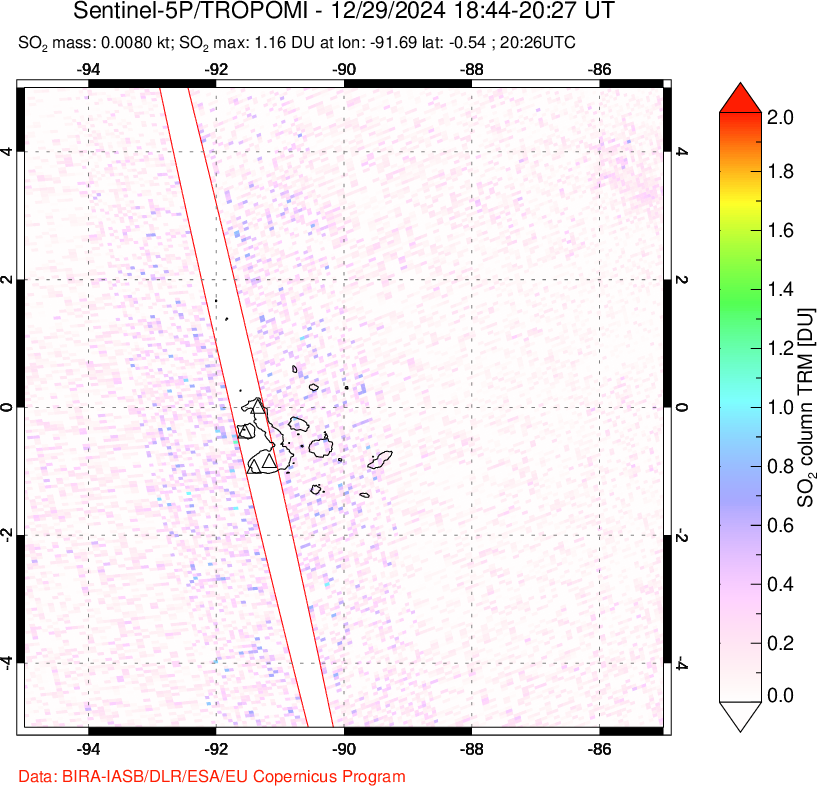 A sulfur dioxide image over Galápagos Islands on Dec 29, 2024.