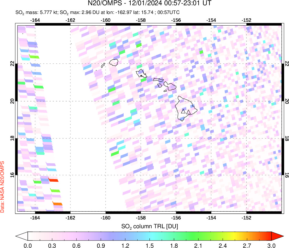 A sulfur dioxide image over Hawaii, USA on Dec 01, 2024.