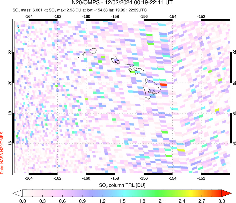 A sulfur dioxide image over Hawaii, USA on Dec 02, 2024.