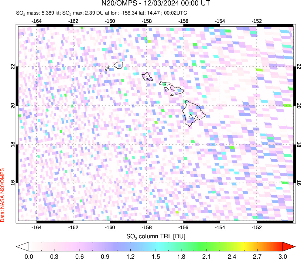 A sulfur dioxide image over Hawaii, USA on Dec 03, 2024.