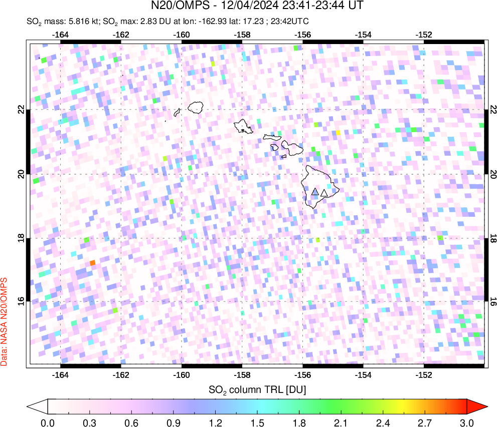 A sulfur dioxide image over Hawaii, USA on Dec 04, 2024.