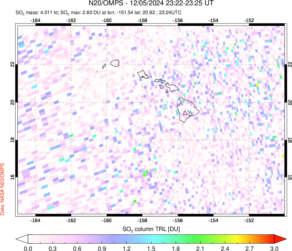 A sulfur dioxide image over Hawaii, USA on Dec 05, 2024.