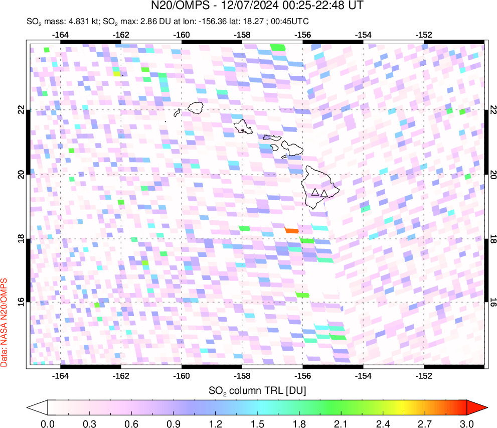 A sulfur dioxide image over Hawaii, USA on Dec 07, 2024.