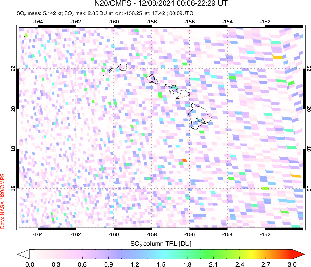 A sulfur dioxide image over Hawaii, USA on Dec 08, 2024.