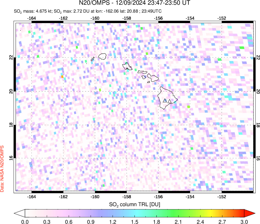 A sulfur dioxide image over Hawaii, USA on Dec 09, 2024.