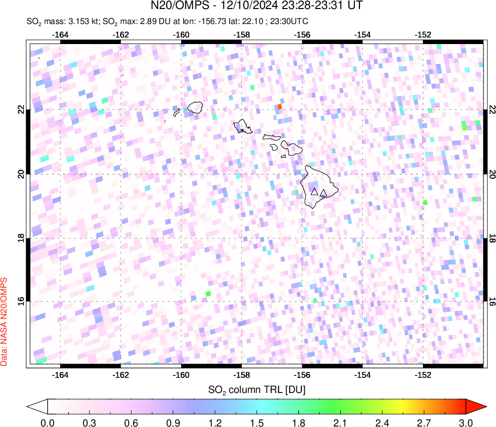 A sulfur dioxide image over Hawaii, USA on Dec 10, 2024.