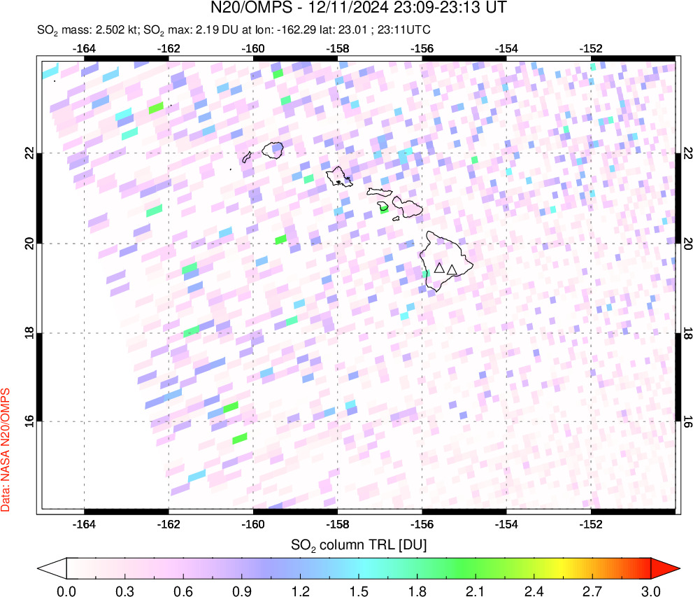 A sulfur dioxide image over Hawaii, USA on Dec 11, 2024.