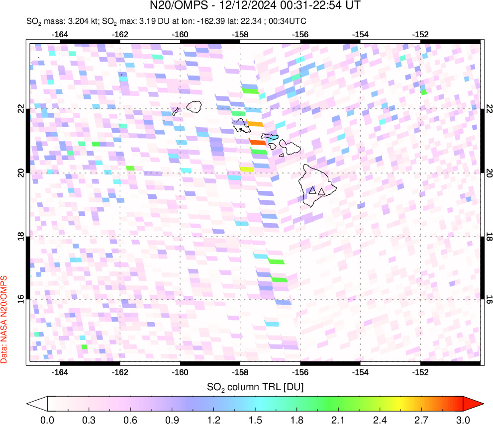 A sulfur dioxide image over Hawaii, USA on Dec 12, 2024.