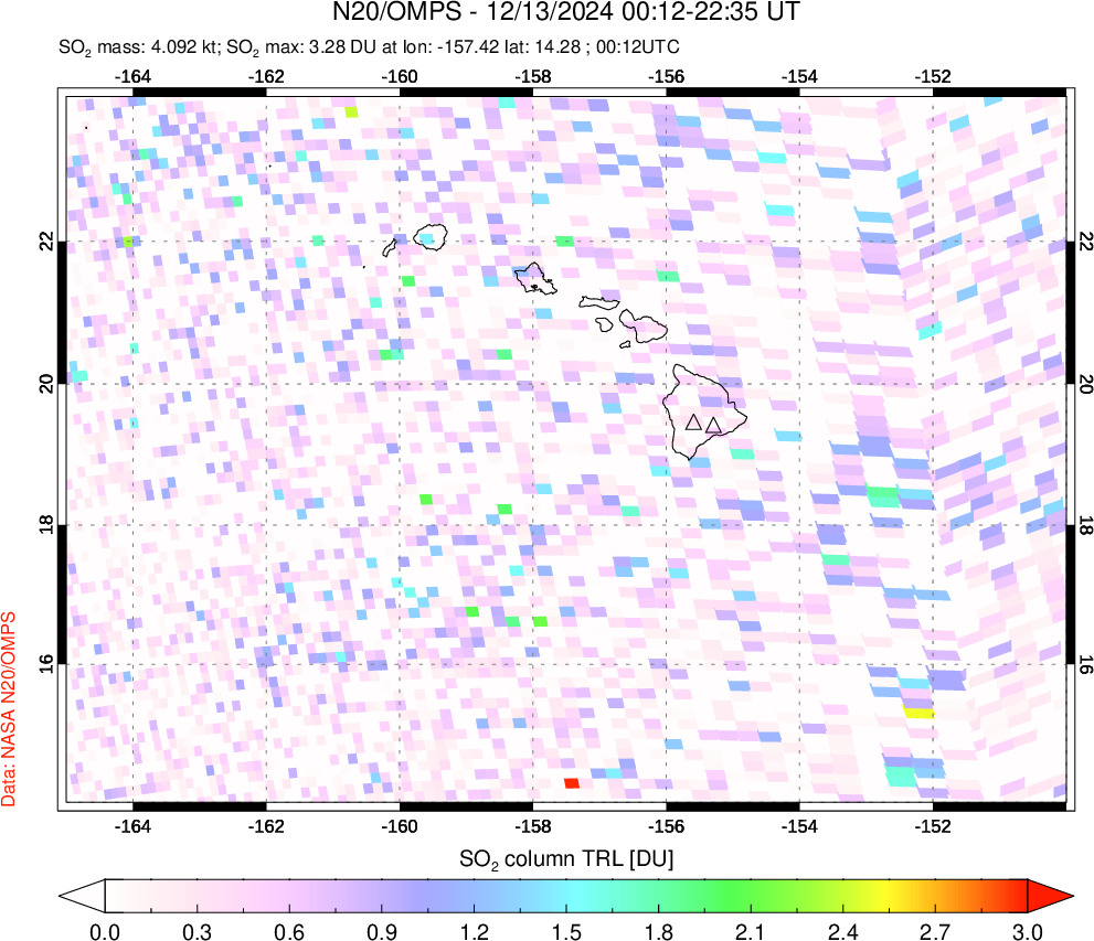 A sulfur dioxide image over Hawaii, USA on Dec 13, 2024.