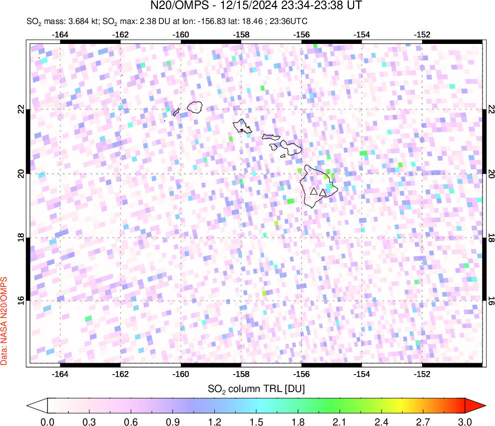 A sulfur dioxide image over Hawaii, USA on Dec 15, 2024.