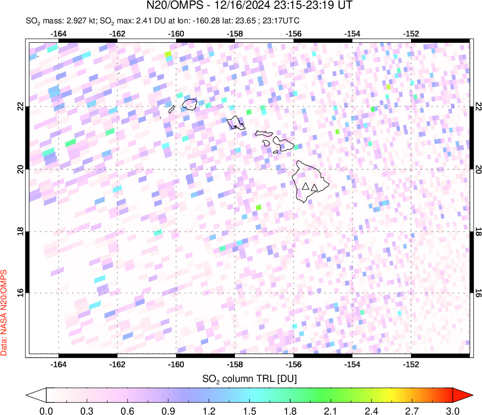 A sulfur dioxide image over Hawaii, USA on Dec 16, 2024.