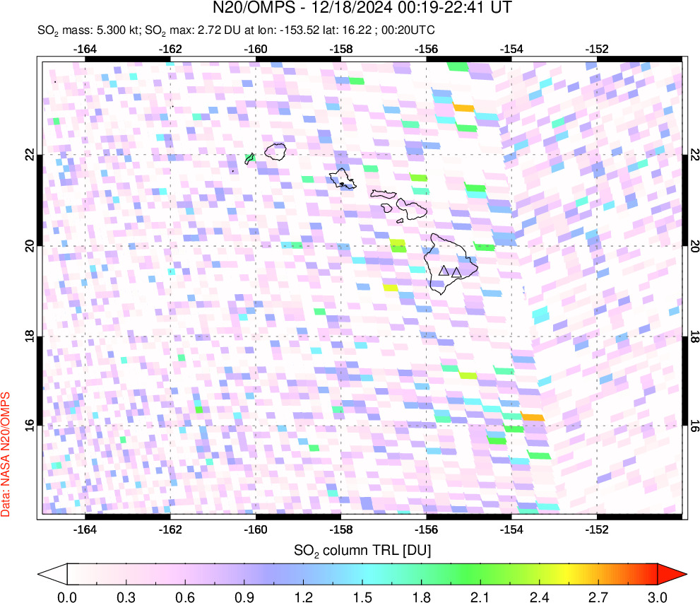 A sulfur dioxide image over Hawaii, USA on Dec 18, 2024.