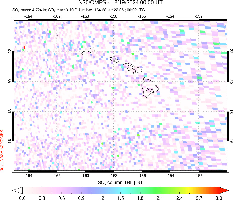 A sulfur dioxide image over Hawaii, USA on Dec 19, 2024.