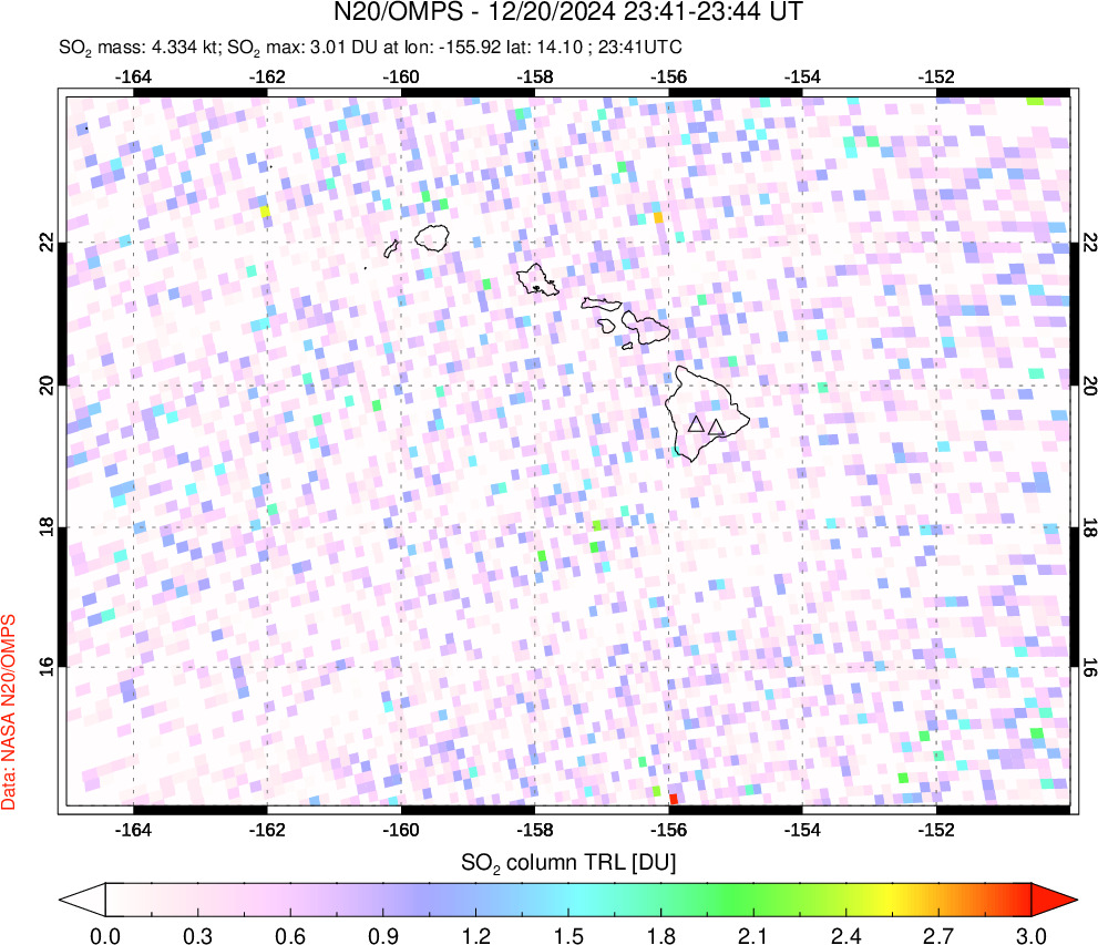 A sulfur dioxide image over Hawaii, USA on Dec 20, 2024.