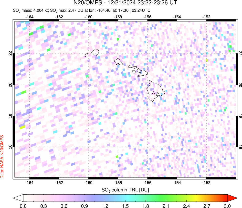 A sulfur dioxide image over Hawaii, USA on Dec 21, 2024.