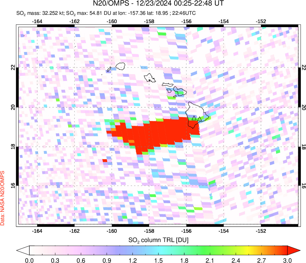 A sulfur dioxide image over Hawaii, USA on Dec 23, 2024.