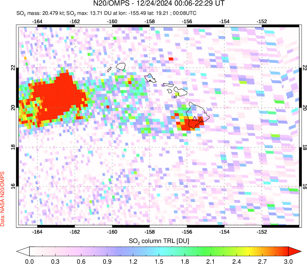 A sulfur dioxide image over Hawaii, USA on Dec 24, 2024.