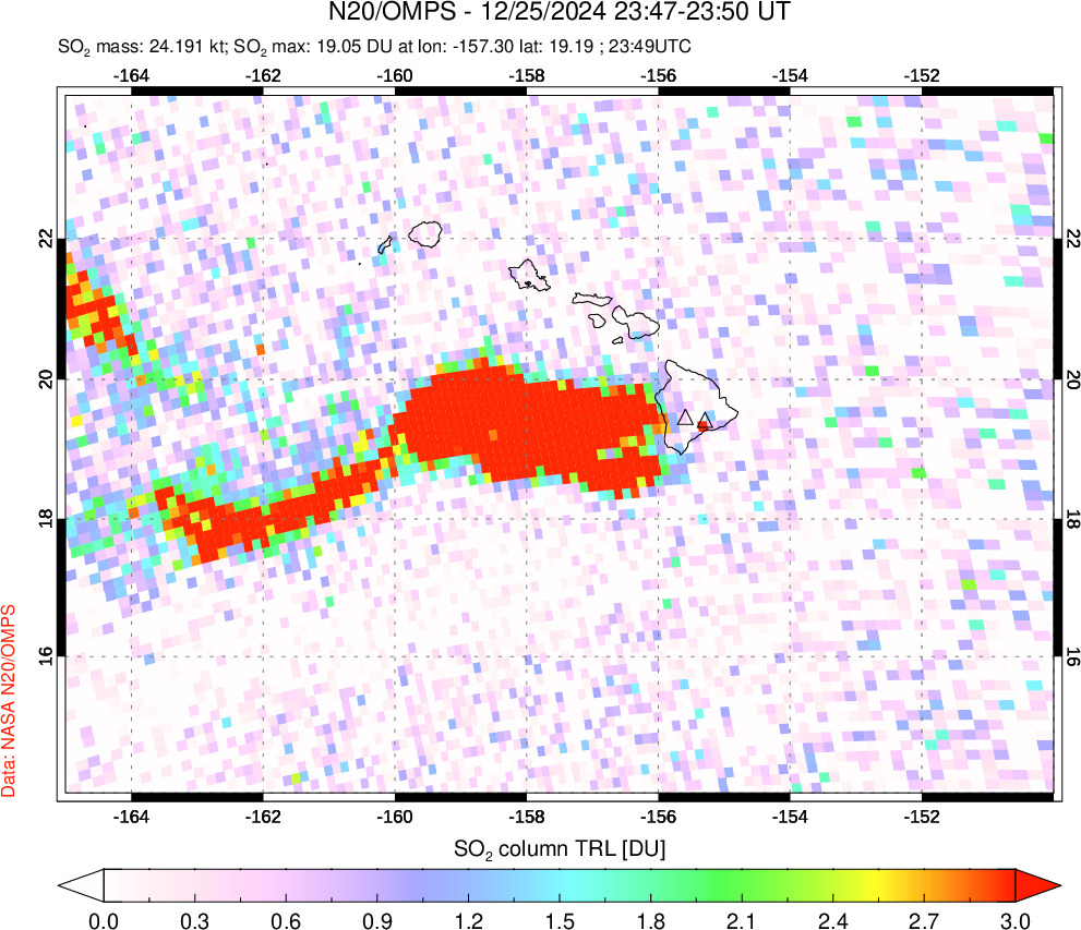 A sulfur dioxide image over Hawaii, USA on Dec 25, 2024.