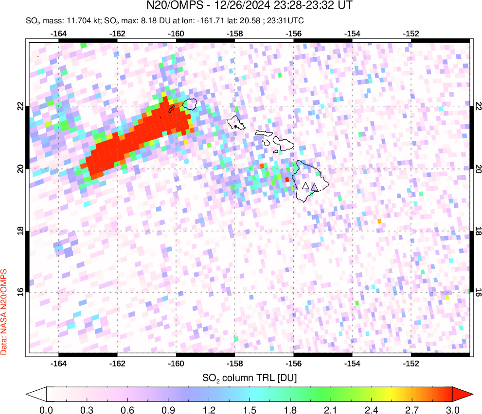 A sulfur dioxide image over Hawaii, USA on Dec 26, 2024.