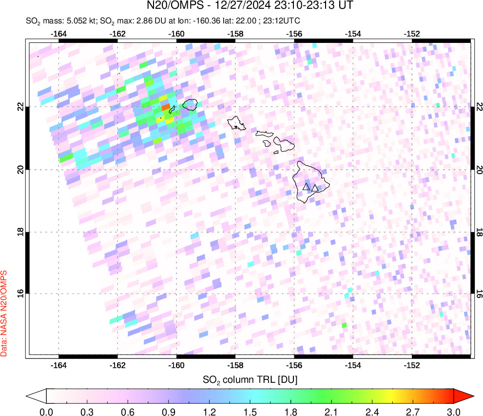 A sulfur dioxide image over Hawaii, USA on Dec 27, 2024.