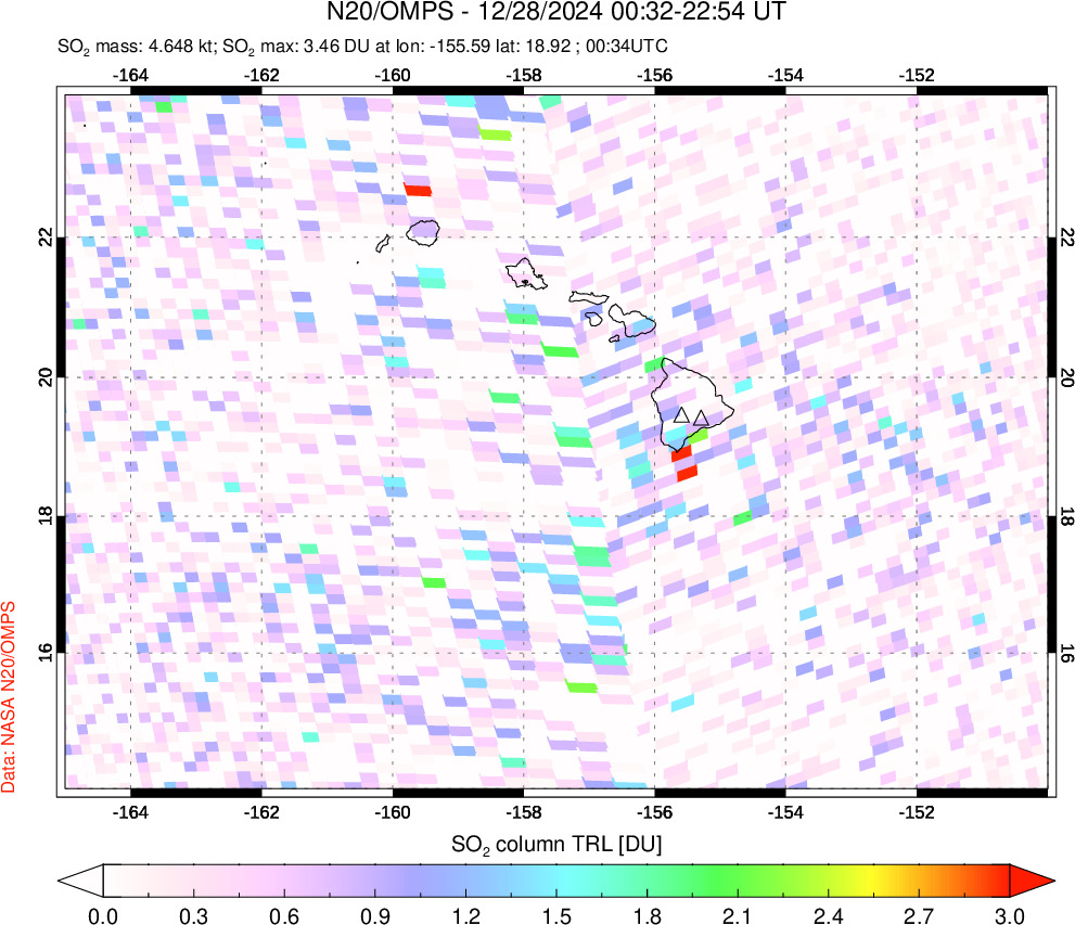 A sulfur dioxide image over Hawaii, USA on Dec 28, 2024.