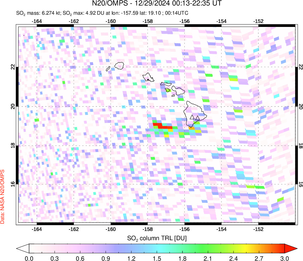 A sulfur dioxide image over Hawaii, USA on Dec 29, 2024.