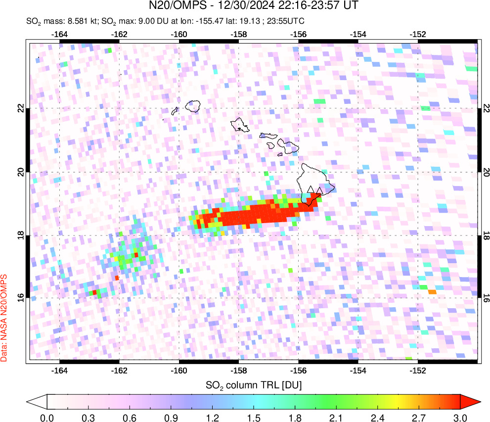 A sulfur dioxide image over Hawaii, USA on Dec 30, 2024.