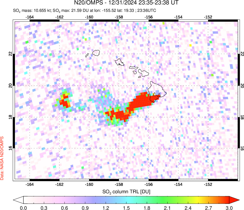 A sulfur dioxide image over Hawaii, USA on Dec 31, 2024.