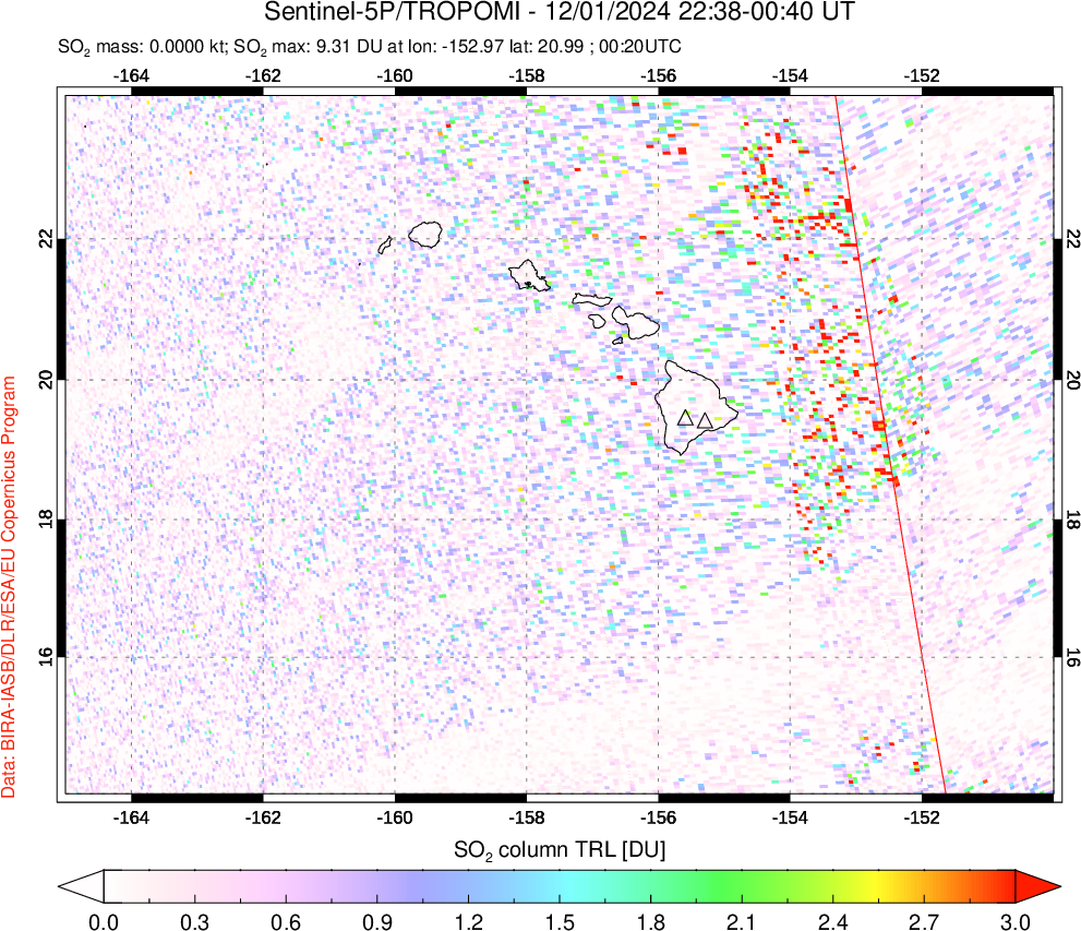 A sulfur dioxide image over Hawaii, USA on Dec 01, 2024.