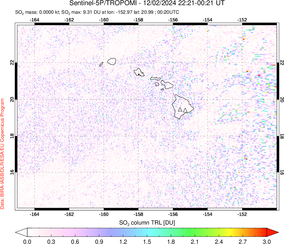 A sulfur dioxide image over Hawaii, USA on Dec 02, 2024.