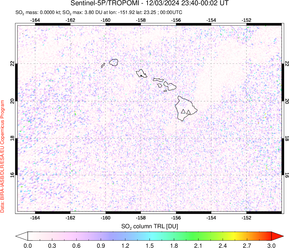 A sulfur dioxide image over Hawaii, USA on Dec 03, 2024.