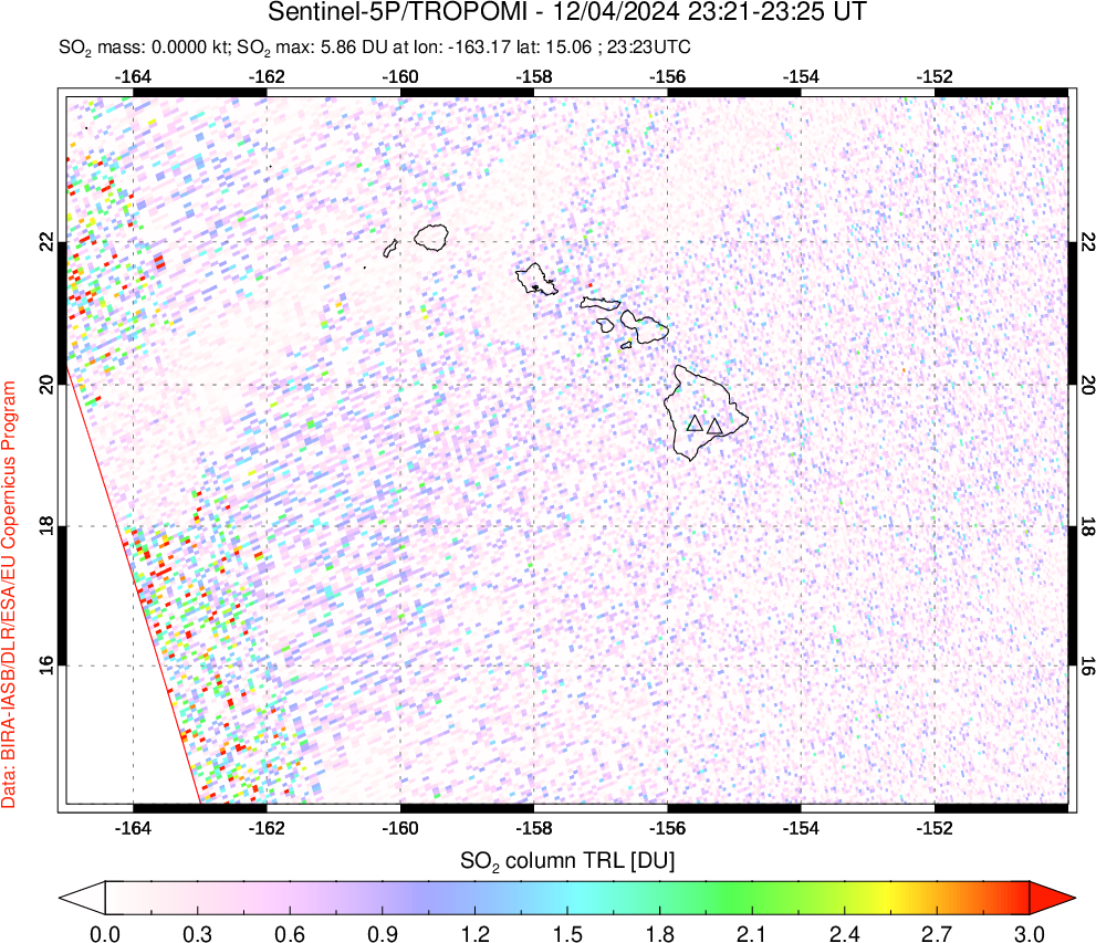 A sulfur dioxide image over Hawaii, USA on Dec 04, 2024.