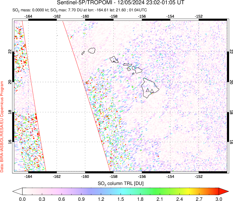 A sulfur dioxide image over Hawaii, USA on Dec 05, 2024.