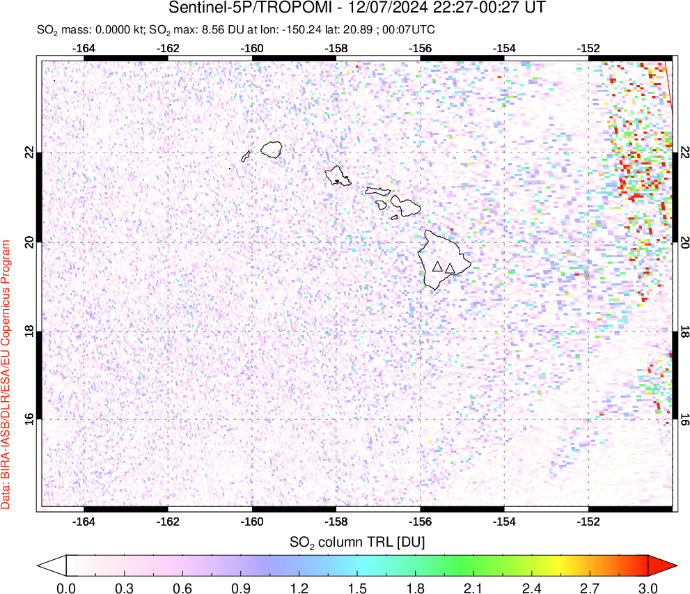 A sulfur dioxide image over Hawaii, USA on Dec 07, 2024.