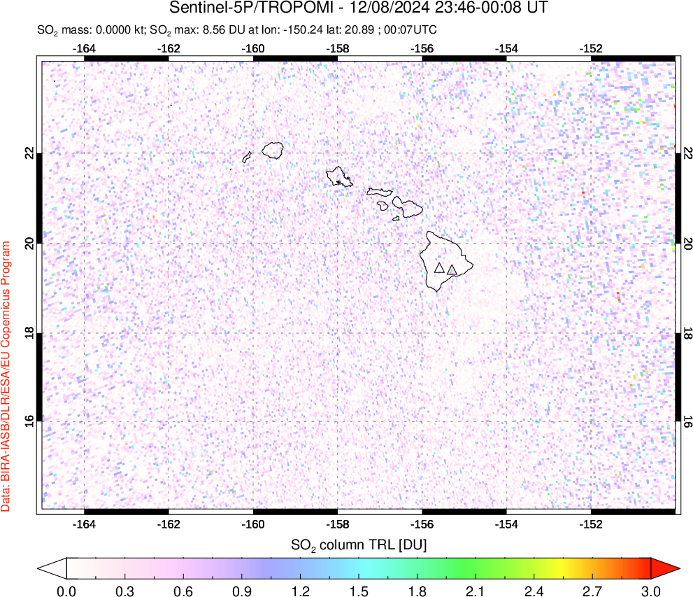 A sulfur dioxide image over Hawaii, USA on Dec 08, 2024.