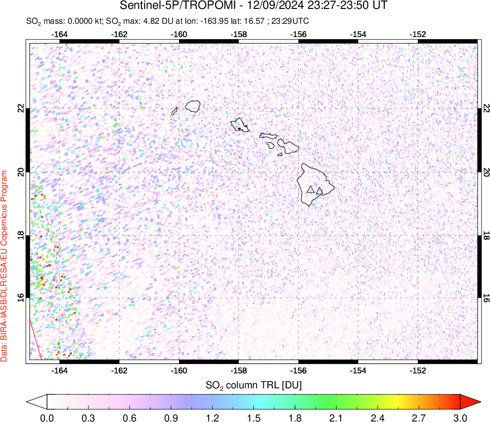 A sulfur dioxide image over Hawaii, USA on Dec 09, 2024.