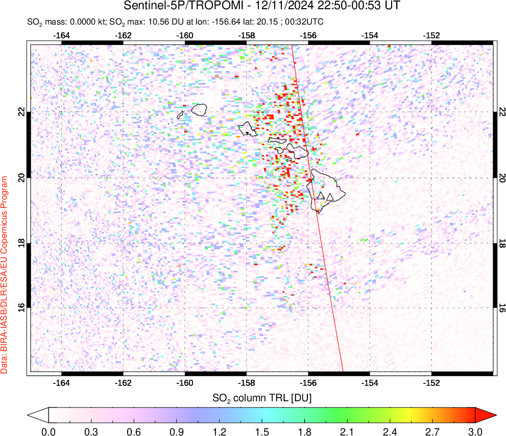 A sulfur dioxide image over Hawaii, USA on Dec 11, 2024.