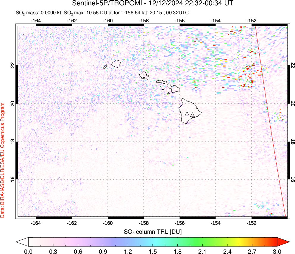 A sulfur dioxide image over Hawaii, USA on Dec 12, 2024.