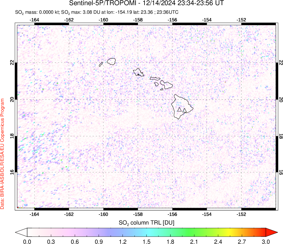 A sulfur dioxide image over Hawaii, USA on Dec 14, 2024.