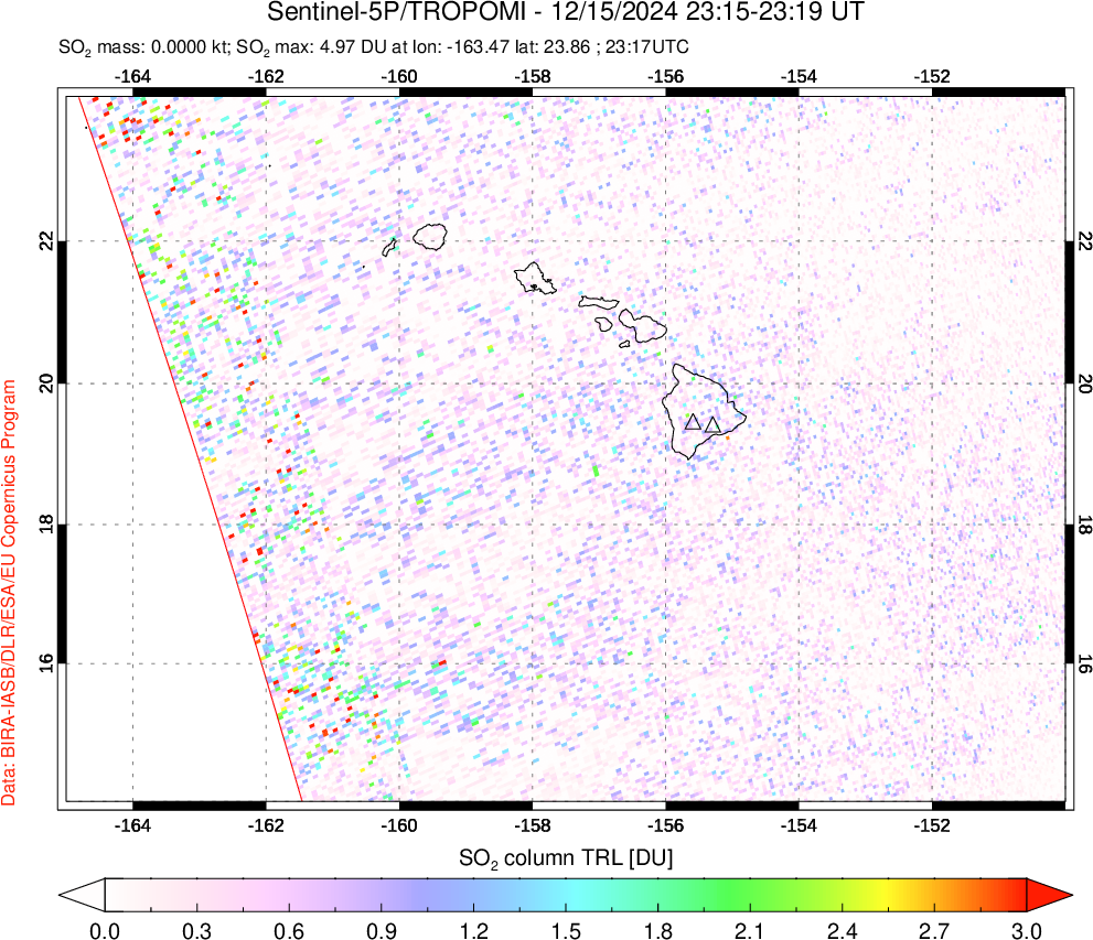 A sulfur dioxide image over Hawaii, USA on Dec 15, 2024.