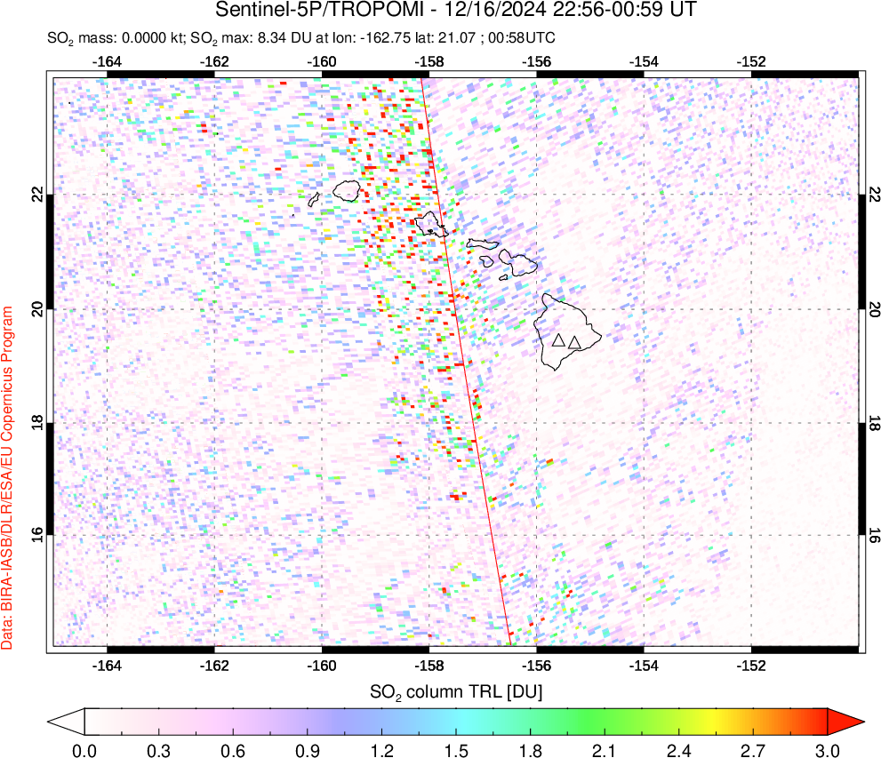 A sulfur dioxide image over Hawaii, USA on Dec 16, 2024.